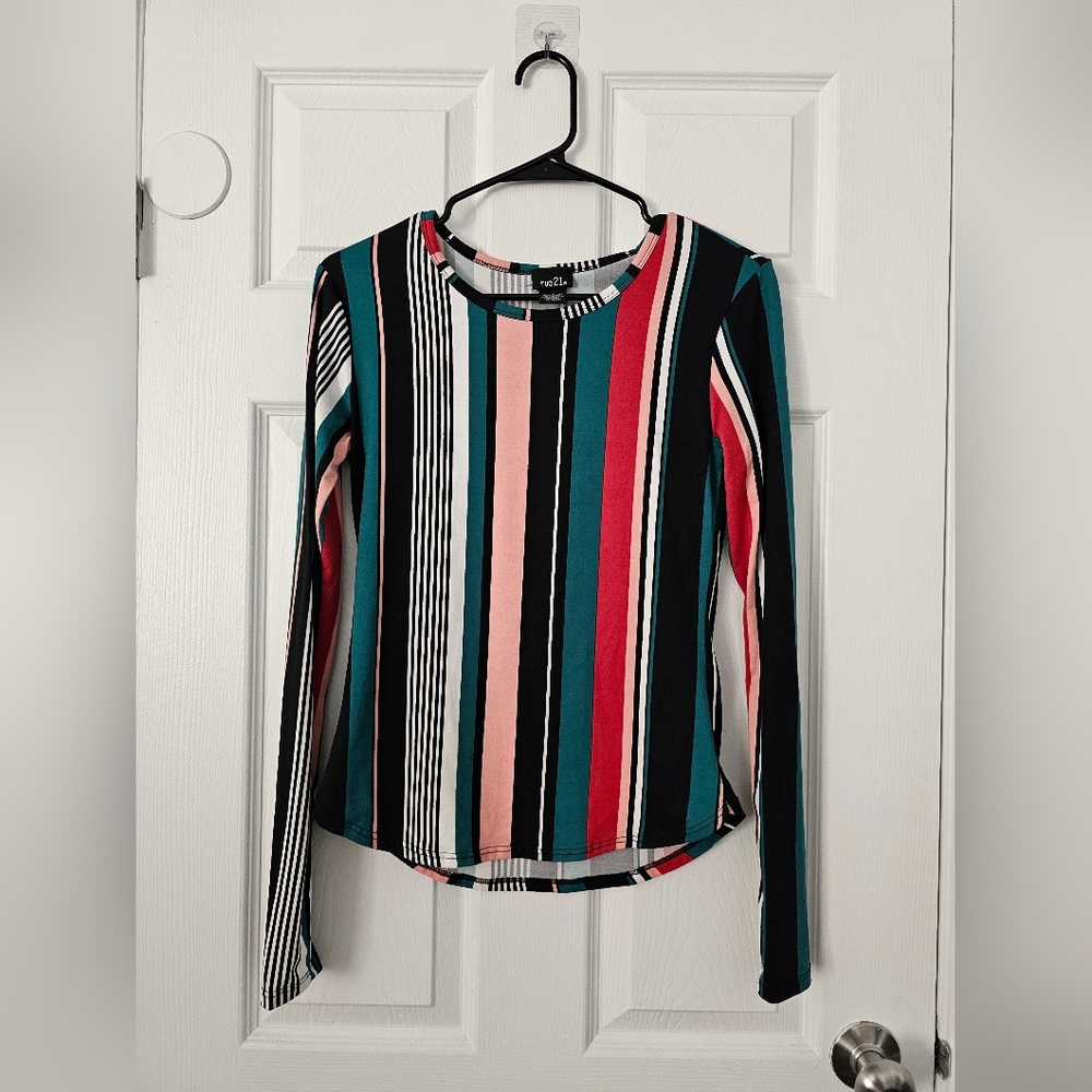 Rue21 Long Sleeve Vertical Stripe Tee in Teal, Pink, Red, Black